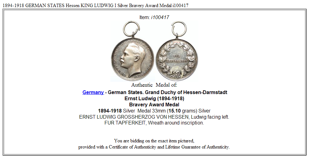 1894-1918 GERMAN STATES Hessen KING LUDWIG I Silver Bravery Award Medal i100417