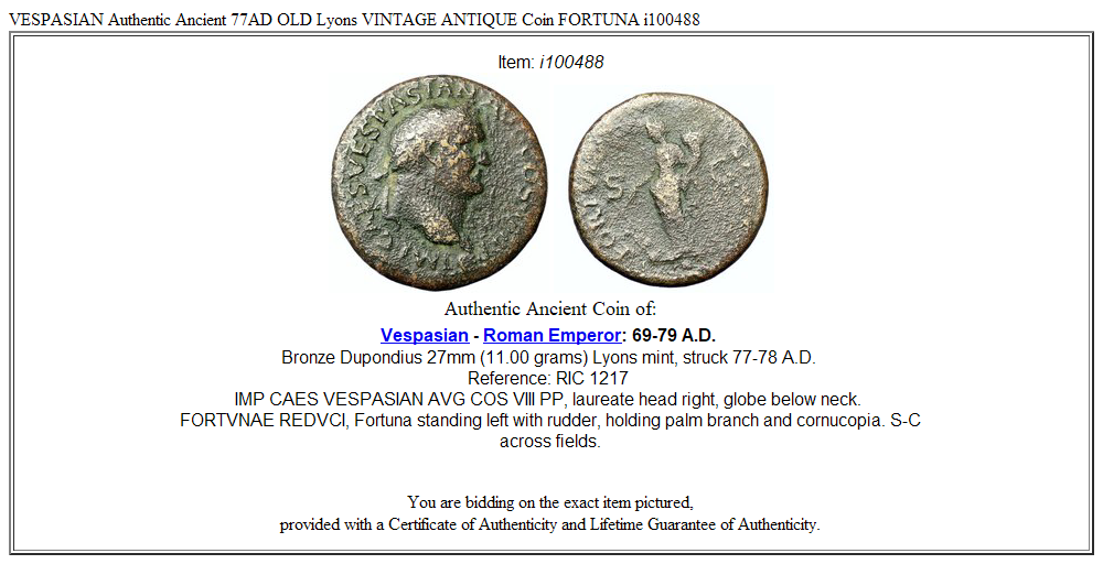 VESPASIAN Authentic Ancient 77AD OLD Lyons VINTAGE ANTIQUE Coin FORTUNA i100488