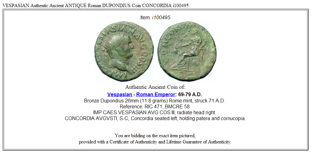 VESPASIAN Authentic Ancient ANTIQUE Roman DUPONDIUS Coin CONCORDIA i100495