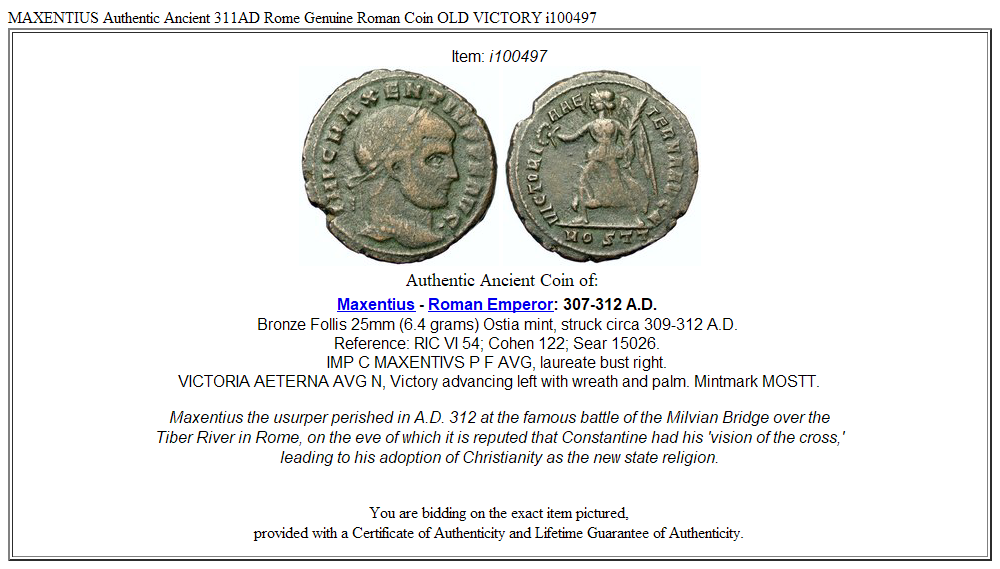 MAXENTIUS Authentic Ancient 311AD Rome Genuine Roman Coin OLD VICTORY i100497