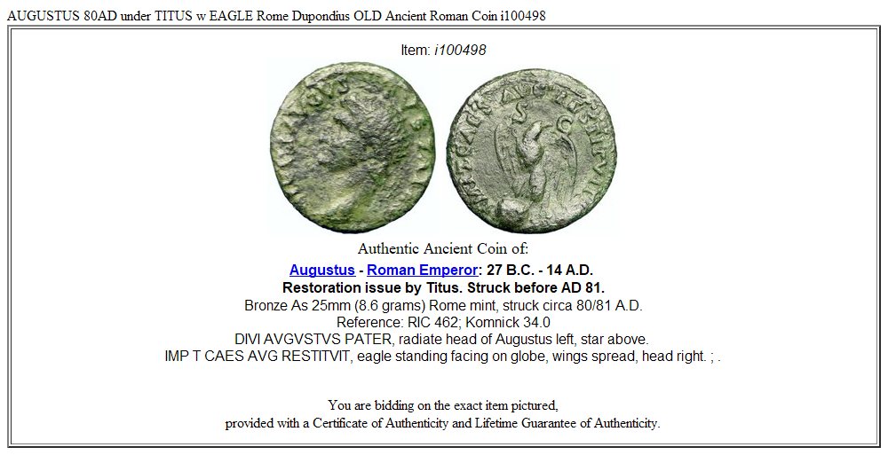AUGUSTUS 80AD under TITUS w EAGLE Rome Dupondius OLD Ancient Roman Coin i100498