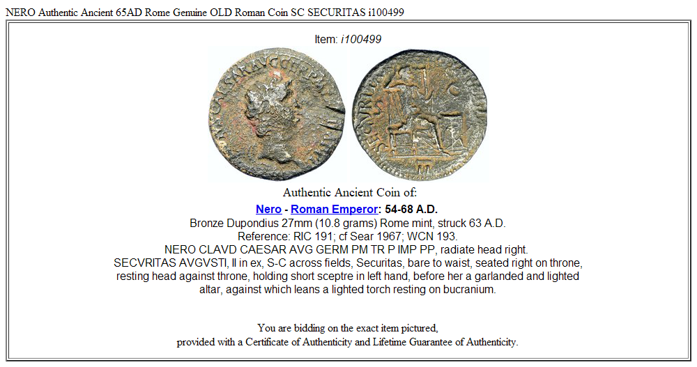 NERO Authentic Ancient 65AD Rome Genuine OLD Roman Coin SC SECURITAS i100499