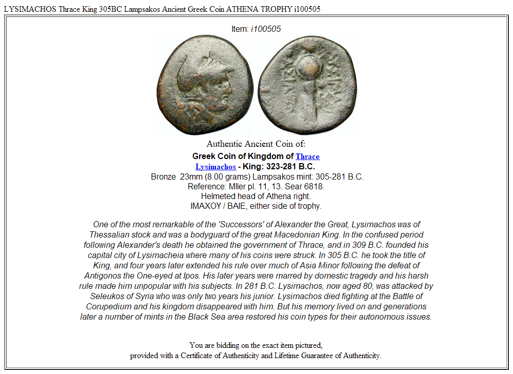 LYSIMACHOS Thrace King 305BC Lampsakos Ancient Greek Coin ATHENA TROPHY i100505