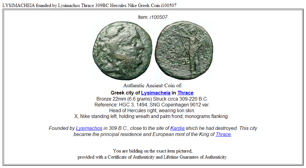 LYSIMACHEIA founded by Lysimachos Thrace 309BC Hercules Nike Greek Coin i100507