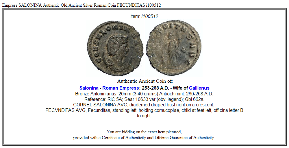 Empress SALONINA Authentic Old Ancient Silver Roman Coin FECUNDITAS i100512