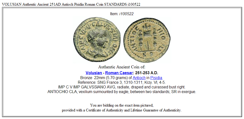 VOLUSIAN Authentic Ancient 251AD Antioch Pisidia Roman Coin STANDARDS i100522