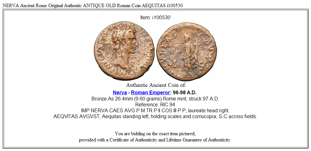 NERVA Ancient Rome Original Authentic ANTIQUE OLD Roman Coin AEQUITAS i100530