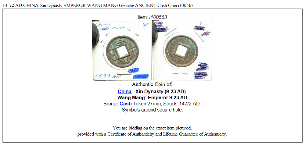 14-22 AD CHINA Xin Dynasty EMPEROR WANG MANG Genuine ANCIENT Cash Coin i100563