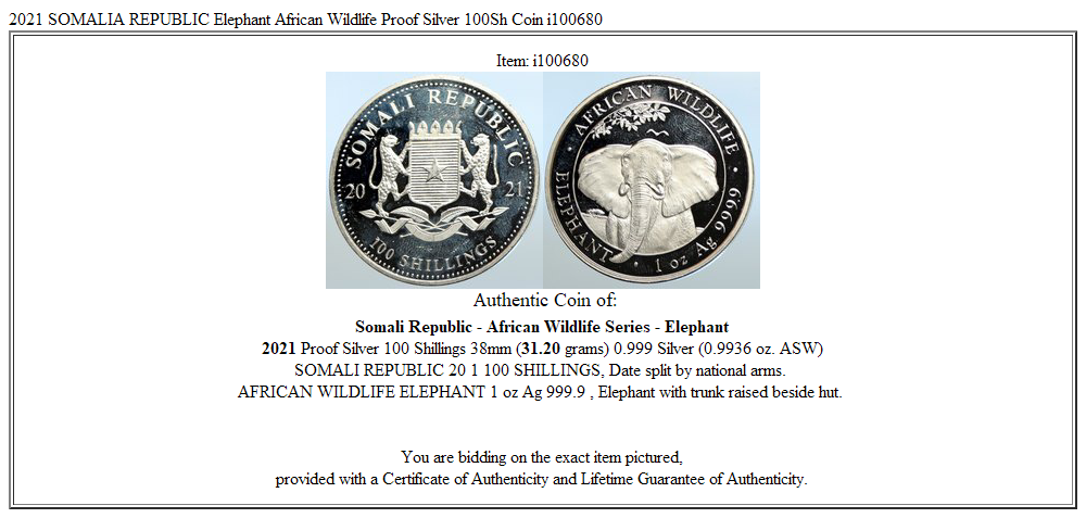 2021 SOMALIA REPUBLIC Elephant African Wildlife Proof Silver 100Sh Coin i100680