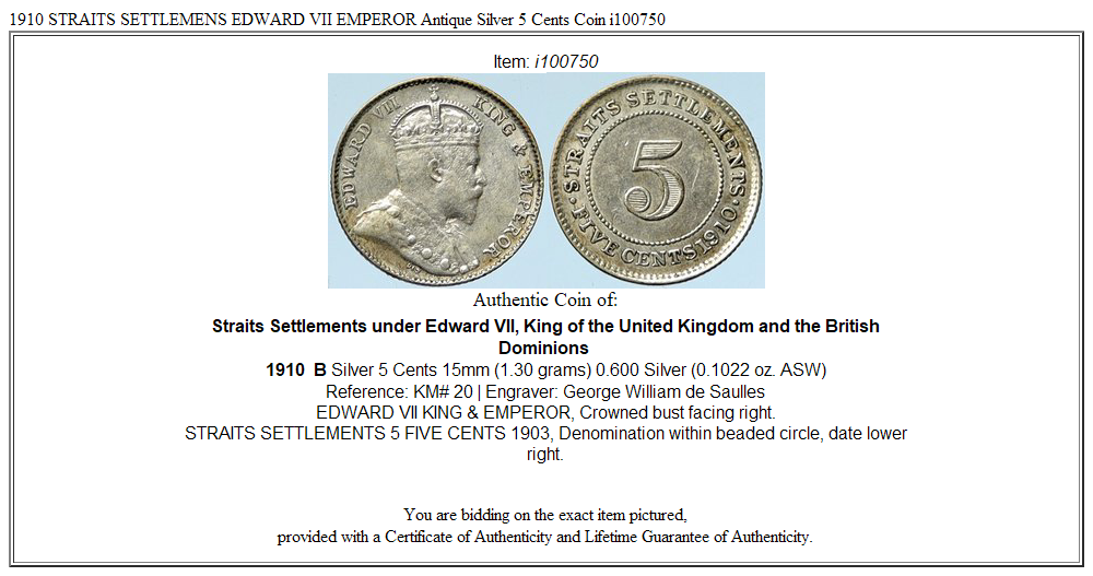 1910 STRAITS SETTLEMENS EDWARD VII EMPEROR Antique Silver 5 Cents Coin i100750