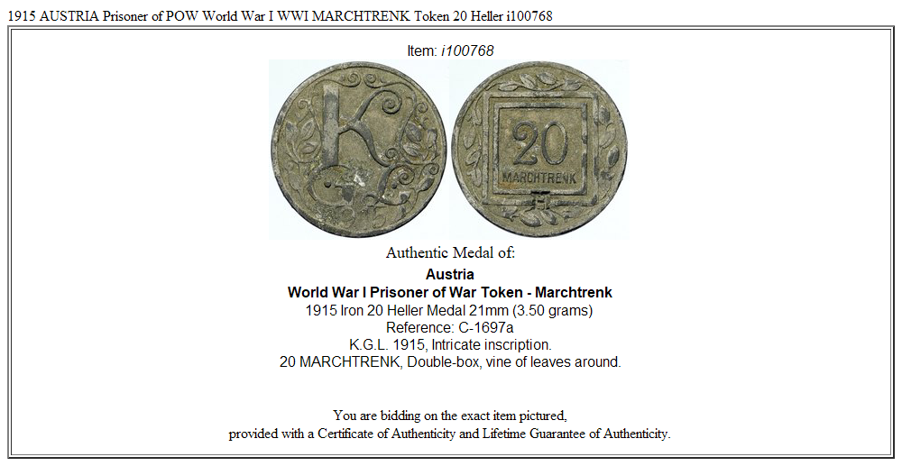 1915 AUSTRIA Prisoner of POW World War I WWI MARCHTRENK Token 20 Heller i100768