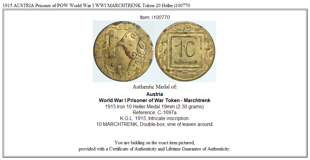 1915 AUSTRIA Prisoner of POW World War I WWI MARCHTRENK Token 20 Heller i100770