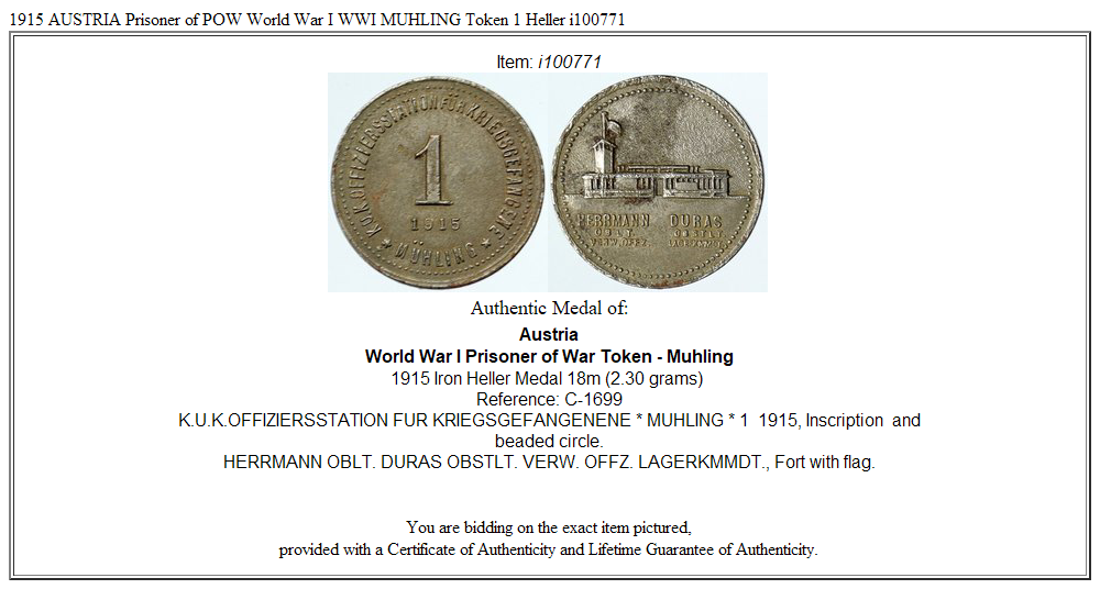 1915 AUSTRIA Prisoner of POW World War I WWI MUHLING Token 1 Heller i100771