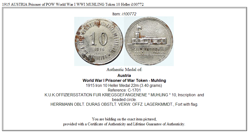 1915 AUSTRIA Prisoner of POW World War I WWI MUHLING Token 10 Heller i100772