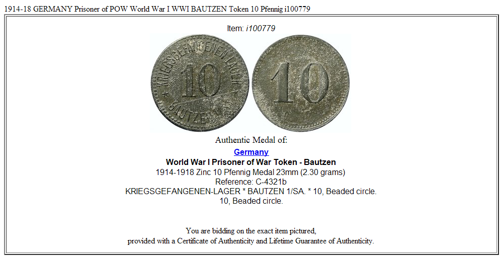 1914-18 GERMANY Prisoner of POW World War I WWI BAUTZEN Token 10 Pfennig i100779