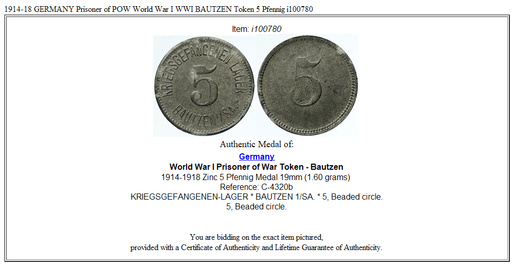 1914-18 GERMANY Prisoner of POW World War I WWI BAUTZEN Token 5 Pfennig i100780