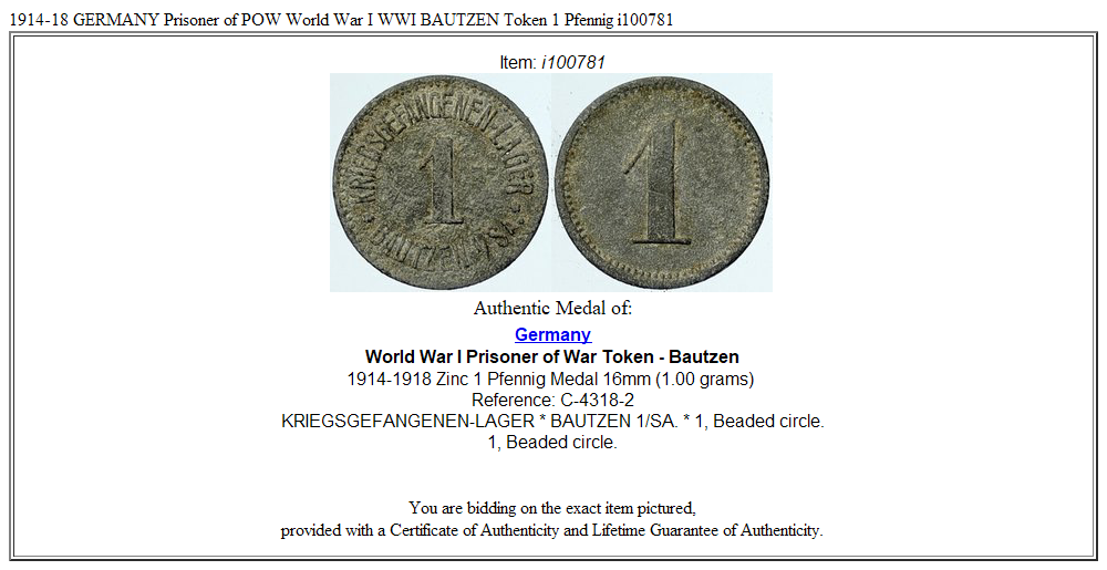 1914-18 GERMANY Prisoner of POW World War I WWI BAUTZEN Token 1 Pfennig i100781