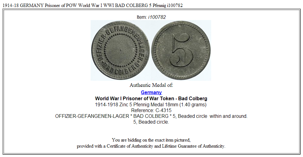 1914-18 GERMANY Prisoner of POW World War I WWI BAD COLBERG 5 Pfennig i100782