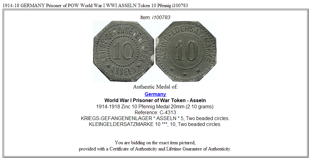 1914-18 GERMANY Prisoner of POW World War I WWI ASSELN Token 10 Pfennig i100783