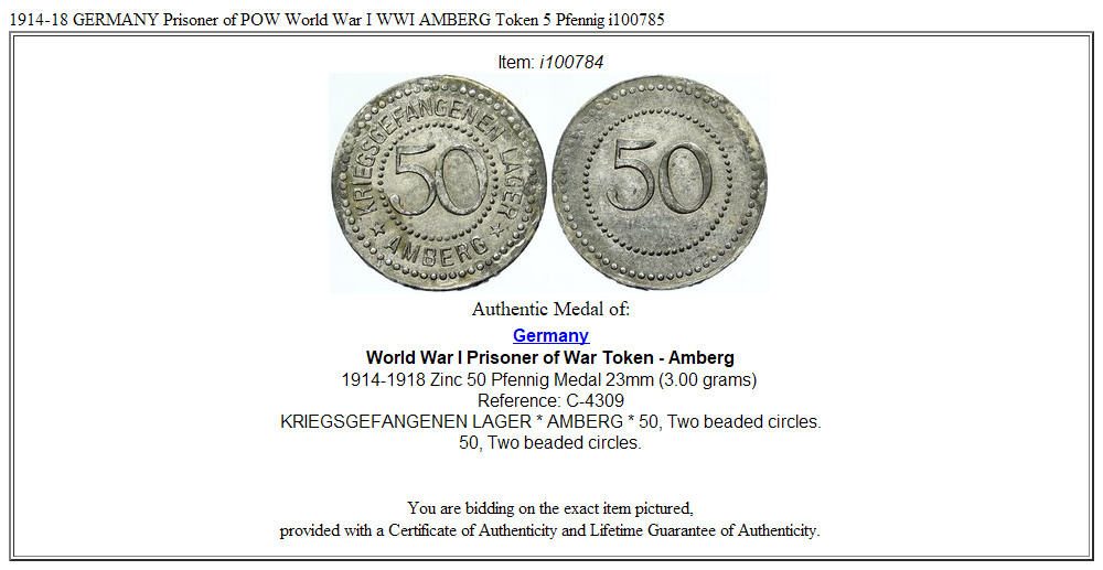 1914-18 GERMANY Prisoner of POW World War I WWI AMBERG Token 5 Pfennig i100785