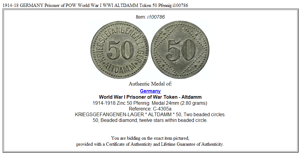 1914-18 GERMANY Prisoner of POW World War I WWI ALTDAMM Token 50 Pfennig i100786