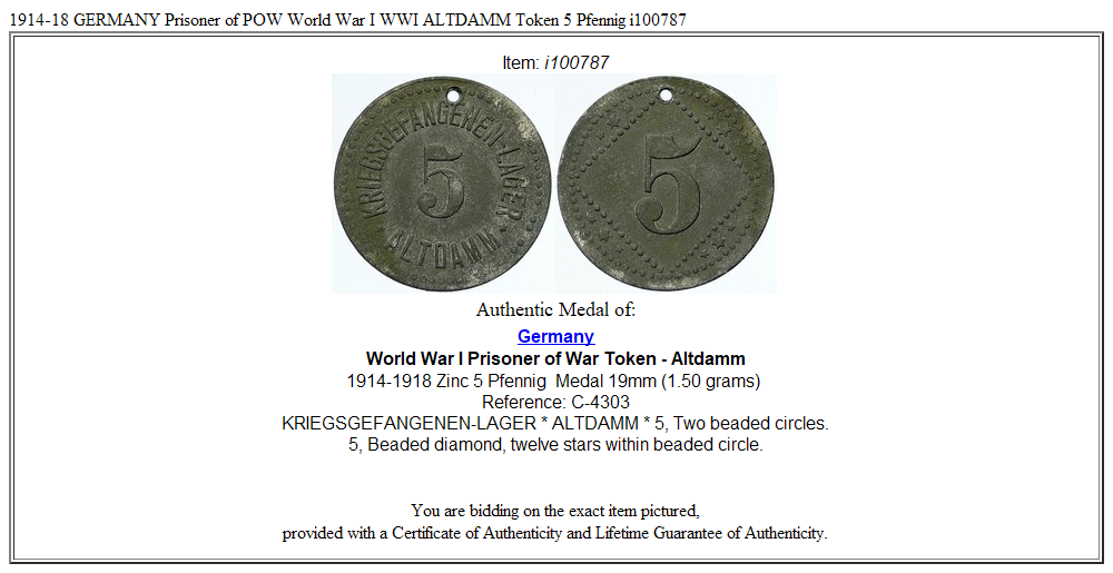 1914-18 GERMANY Prisoner of POW World War I WWI ALTDAMM Token 5 Pfennig i100787