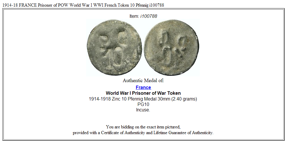 1914-18 FRANCE Prisoner of POW World War I WWI French Token 10 Pfennig i100788