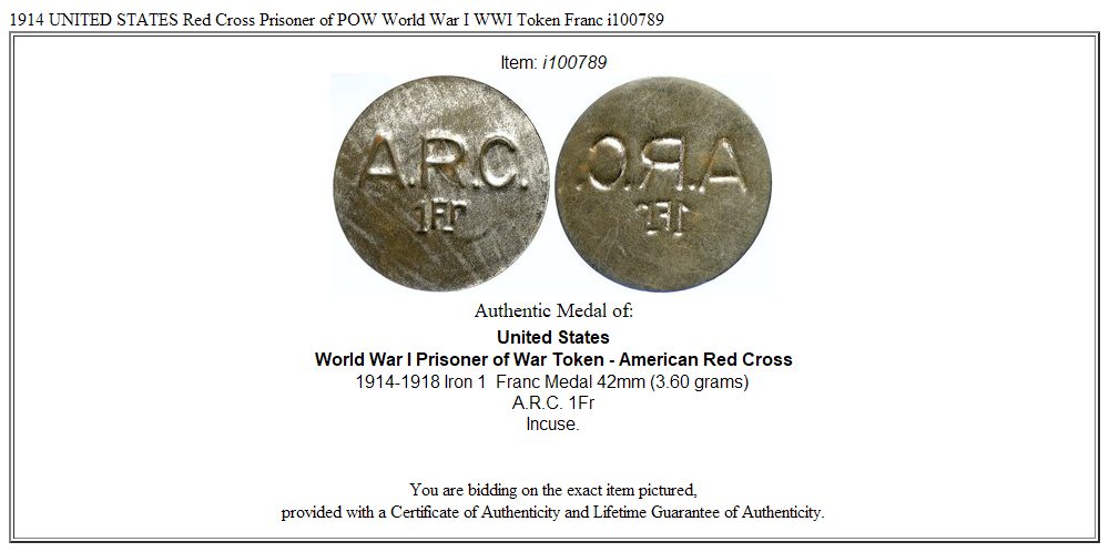 1914 UNITED STATES Red Cross Prisoner of POW World War I WWI Token Franc i100789