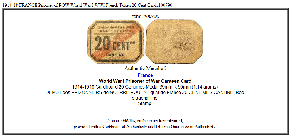 1914-18 FRANCE Prisoner of POW World War I WWI French Token 20 Cent Card i100790