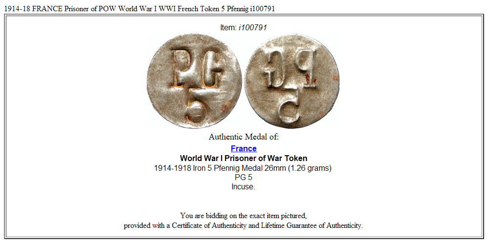 1914-18 FRANCE Prisoner of POW World War I WWI French Token 5 Pfennig i100791