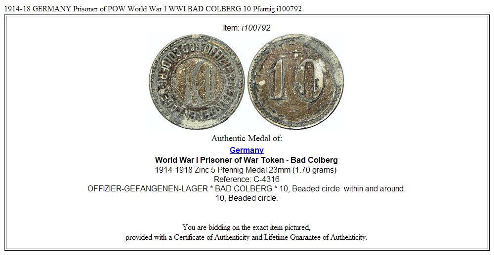 1914-18 GERMANY Prisoner of POW World War I WWI BAD COLBERG 10 Pfennig i100792