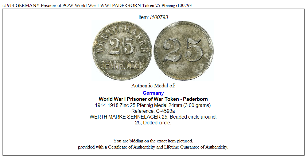 c1914 GERMANY Prisoner of POW World War I WWI PADERBORN Token 25 Pfennig i100793