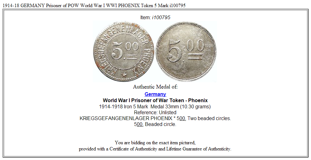 1914-18 GERMANY Prisoner of POW World War I WWI PHOENIX Token 5 Mark i100795