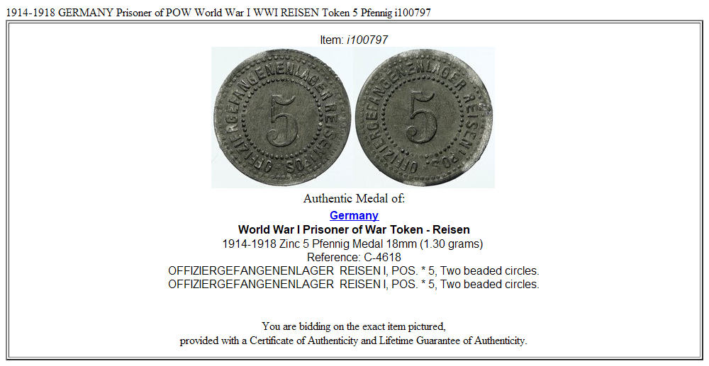 1914-1918 GERMANY Prisoner of POW World War I WWI REISEN Token 5 Pfennig i100797