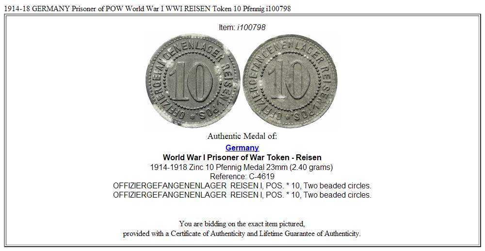 1914-18 GERMANY Prisoner of POW World War I WWI REISEN Token 10 Pfennig i100798