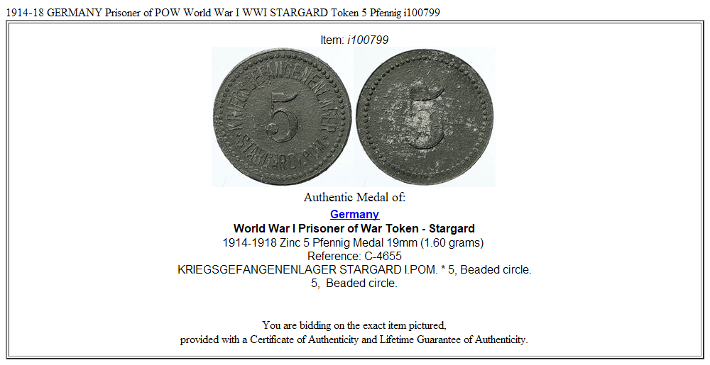 1914-18 GERMANY Prisoner of POW World War I WWI STARGARD Token 5 Pfennig i100799