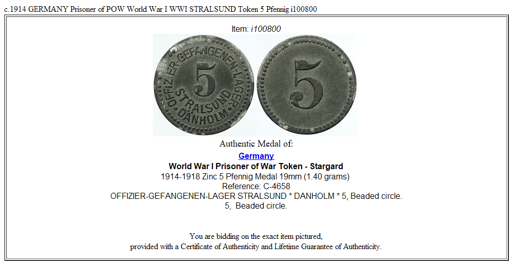 c.1914 GERMANY Prisoner of POW World War I WWI STRALSUND Token 5 Pfennig i100800