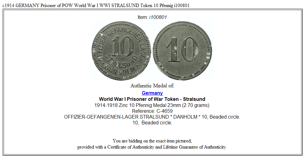 c1914 GERMANY Prisoner of POW World War I WWI STRALSUND Token 10 Pfennig i100801