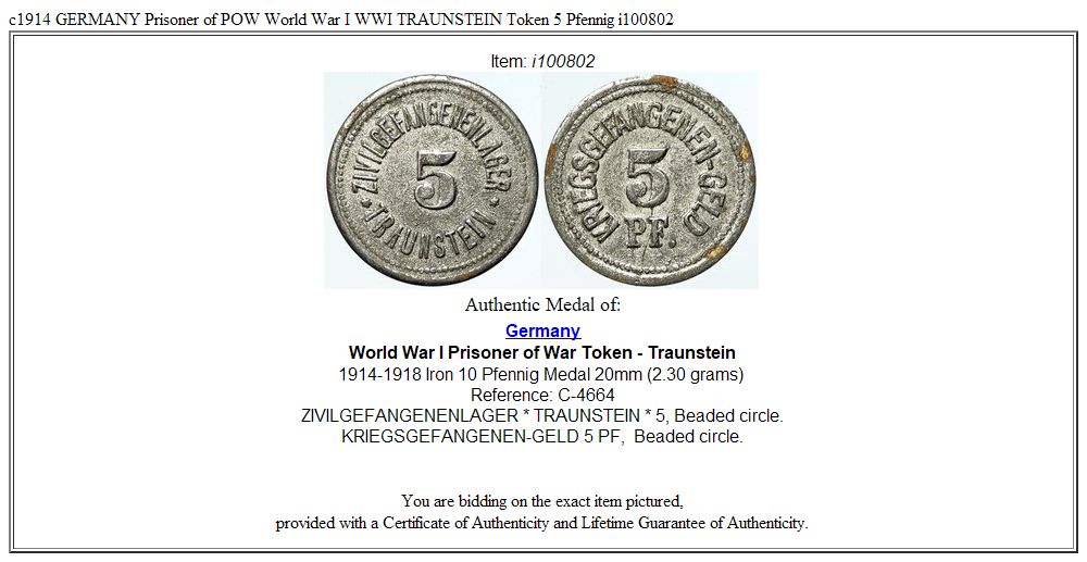 c1914 GERMANY Prisoner of POW World War I WWI TRAUNSTEIN Token 5 Pfennig i100802