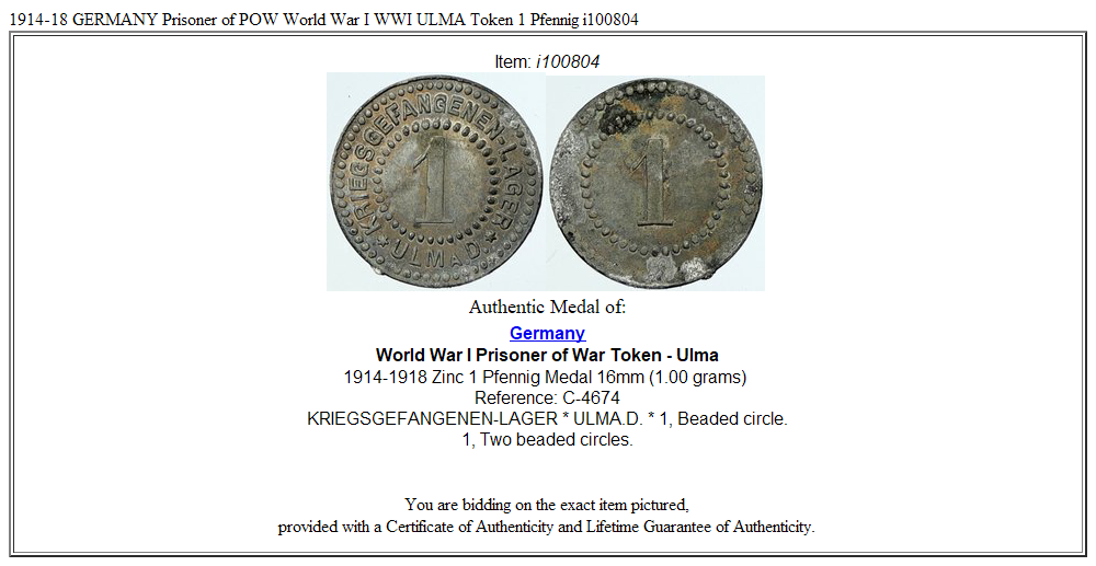 1914-18 GERMANY Prisoner of POW World War I WWI ULMA Token 1 Pfennig i100804