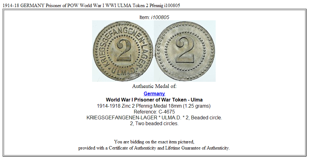 1914-18 GERMANY Prisoner of POW World War I WWI ULMA Token 2 Pfennig i100805