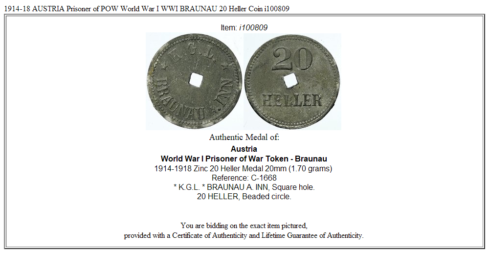 1914-18 AUSTRIA Prisoner of POW World War I WWI BRAUNAU 20 Heller Coin i100809