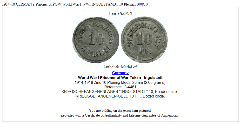 1914-18 GERMANY Prisoner of POW World War I WWI INGOLSTANDT 10 Pfennig i100810