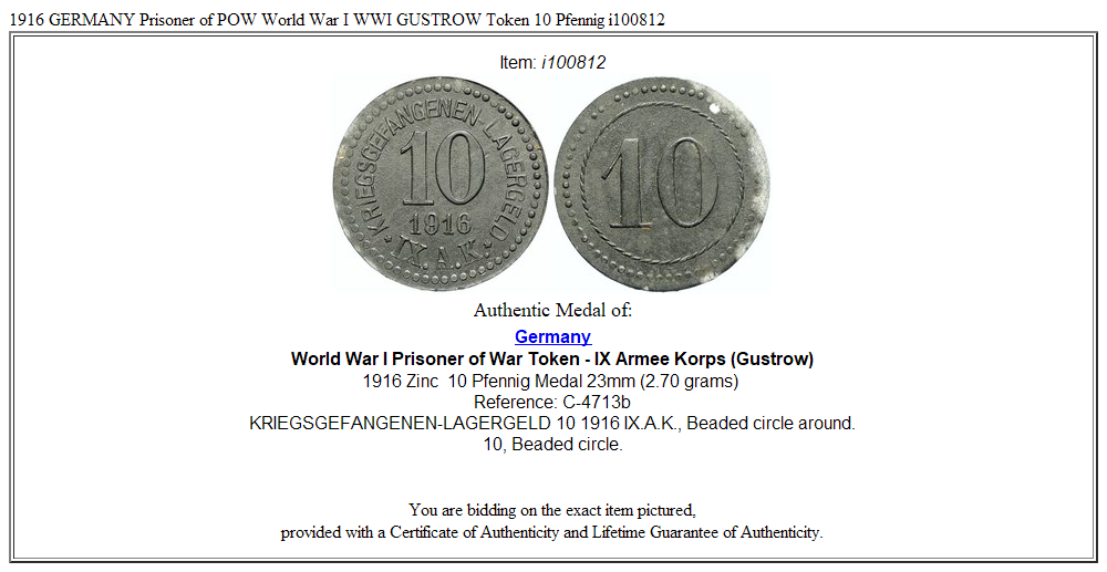 1916 GERMANY Prisoner of POW World War I WWI GUSTROW Token 10 Pfennig i100812