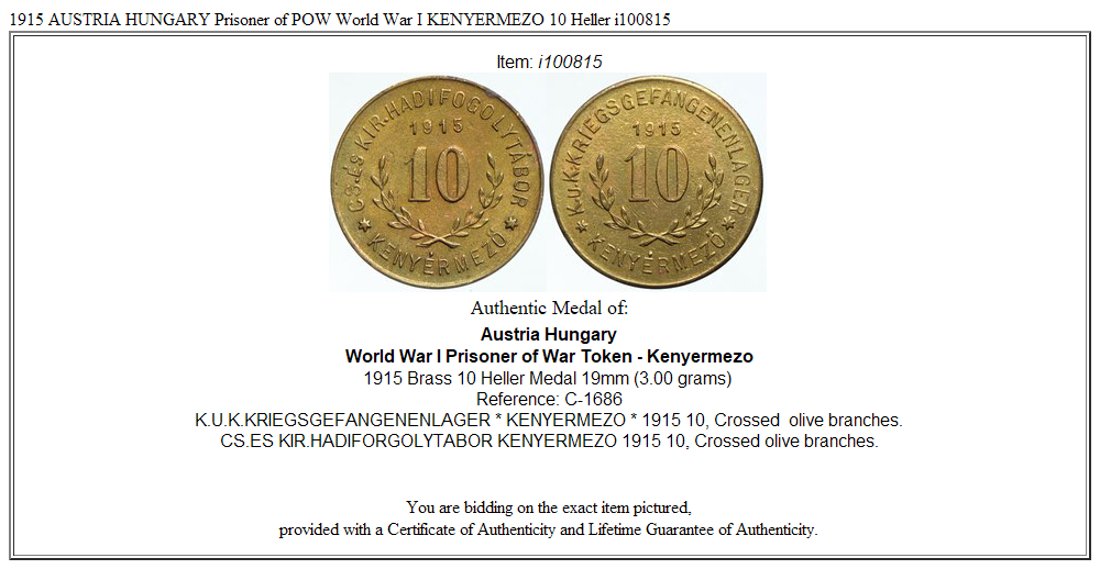 1915 AUSTRIA HUNGARY Prisoner of POW World War I KENYERMEZO 10 Heller i100815