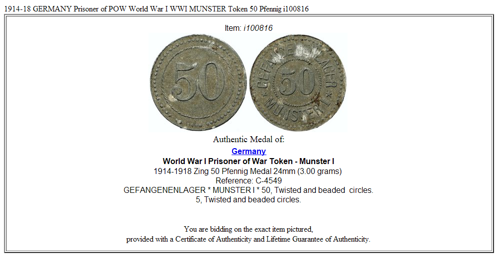 1914-18 GERMANY Prisoner of POW World War I WWI MUNSTER Token 50 Pfennig i100816