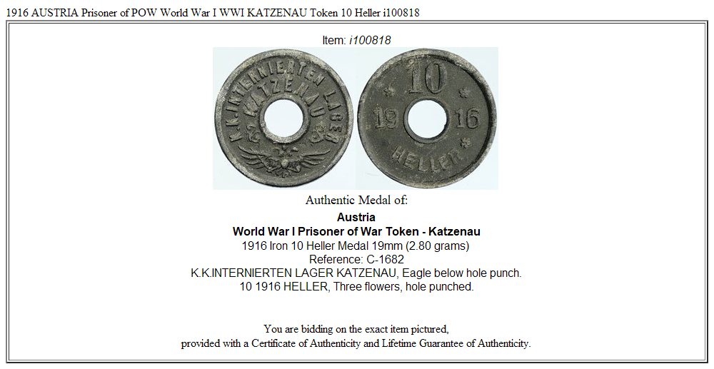 1916 AUSTRIA Prisoner of POW World War I WWI KATZENAU Token 10 Heller i100818