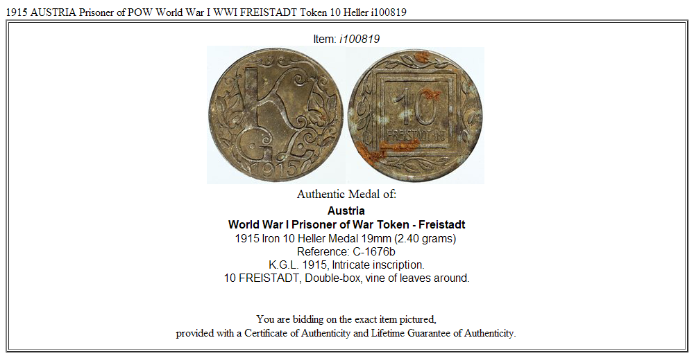 1915 AUSTRIA Prisoner of POW World War I WWI FREISTADT Token 10 Heller i100819