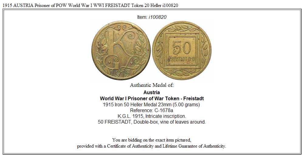 1915 AUSTRIA Prisoner of POW World War I WWI FREISTADT Token 20 Heller i100820