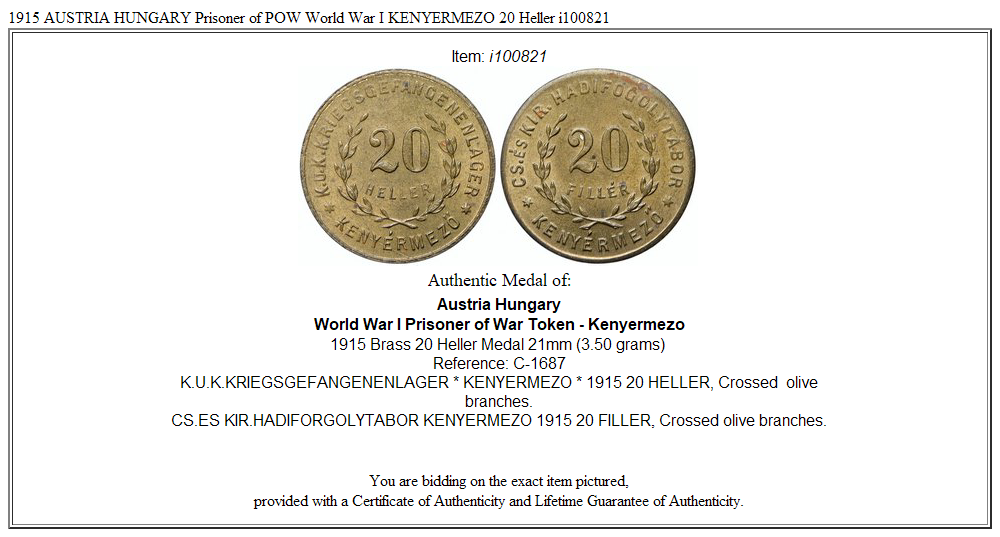 1915 AUSTRIA HUNGARY Prisoner of POW World War I KENYERMEZO 20 Heller i100821